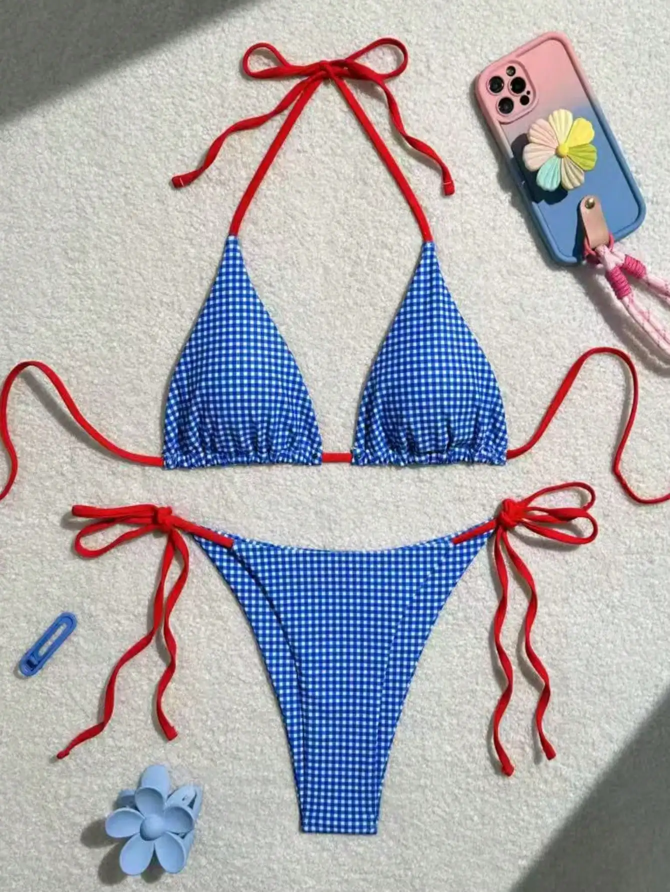 

Сине-белый комплект бикини в клетку с принтом, женский комплект бикини с треугольным топом и низкой талией