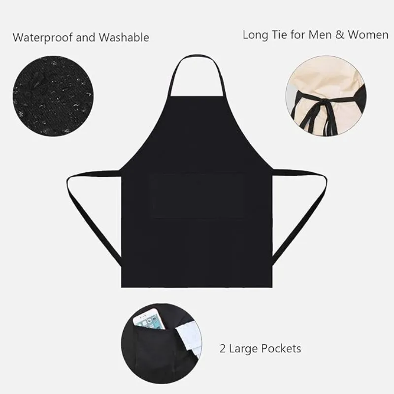 ILLUVA Waterproof cooking Apronwith Pockets, Black Kitchen Apron BBQApron for Men Women