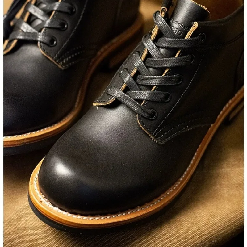 British Retro Lace-up Round Toe Genuine Leather Work Ankle Boots Men's Shoes Motorcycle Handmade Boots Black Male Chelsea Boots