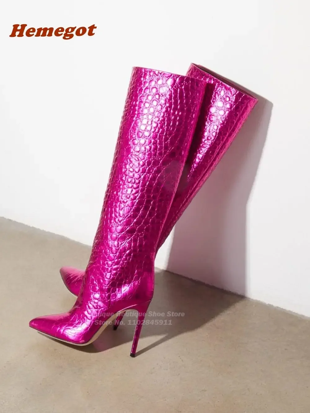 Crocodile Pattern Thin Heel Boots Pointy Toe Slip On Knee High Boots for Women Winter Newest Patchwork Customize Casual Shoes