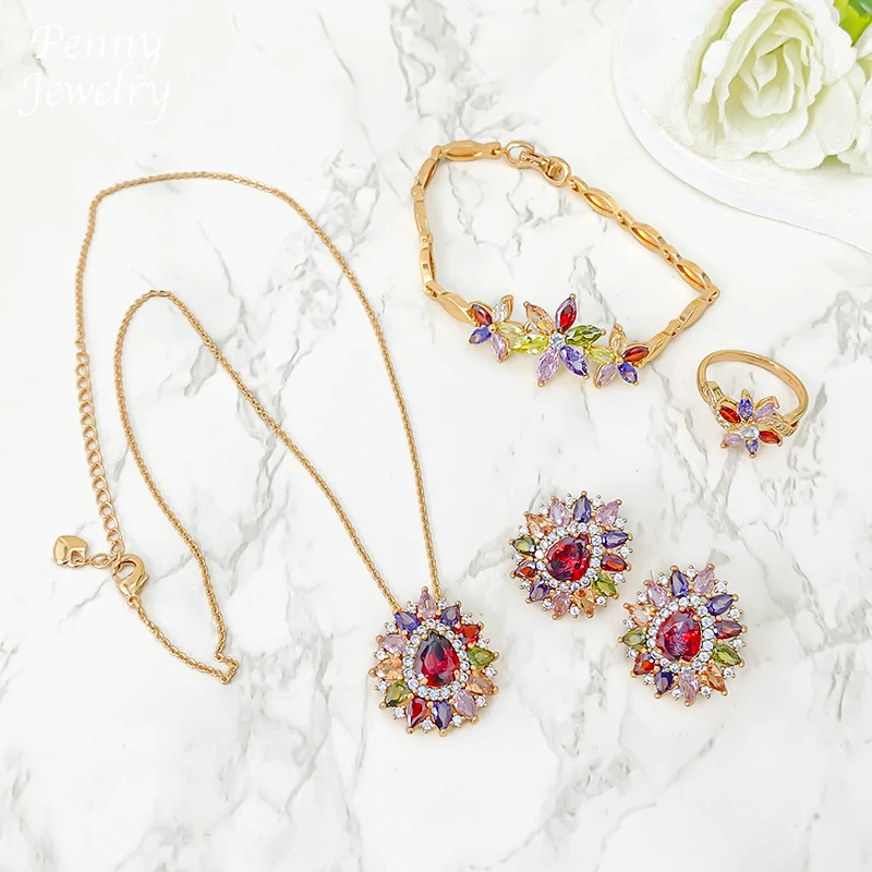 Joyería de circonia de lujo, conjunto de joyería de 4 Uds., diamantes de imitación de Dubái, collar chapado en oro de 18K, pendiente, pulsera, anillo, regalos de fiesta de boda