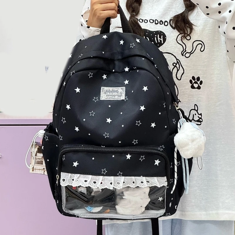 Student Star Print Clear Pocket Backpack Casual Rucksack Women Casual Large Capacity School Bookbag Lace Trim Travel Daypack