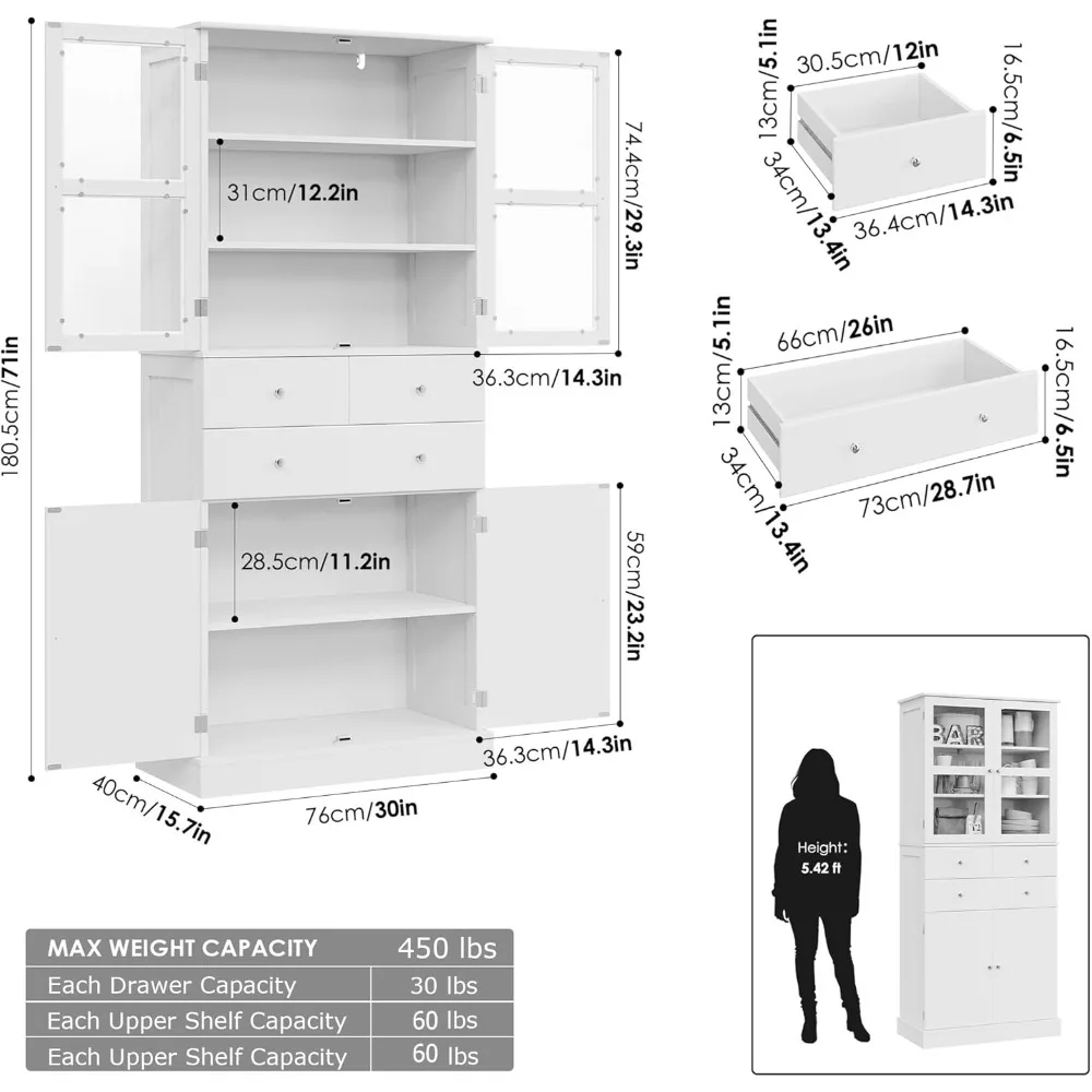 Cozinha Despensa Armário Arrumação, Armário Bar Autônomo, Portas e Prateleiras de Vidro, Armário Hutch com 2 Gavetas, 71 