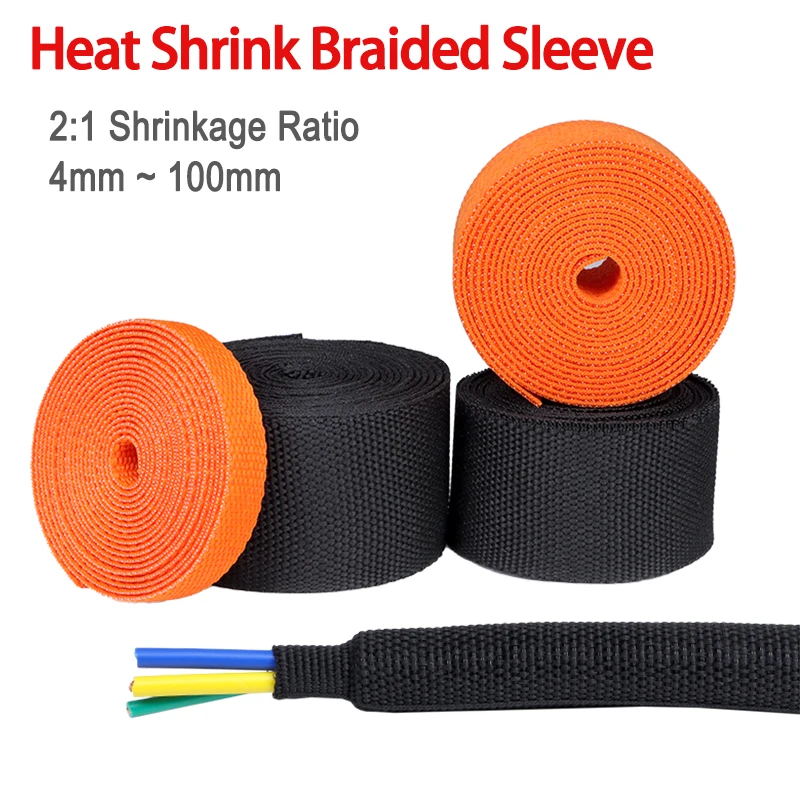 2/5M Cable Sheath 4mm - 100mm 2:1 Heat Shrink Braided Sleeve Flam Retardant PET Insulation Wear Resistant Wire Line Protection