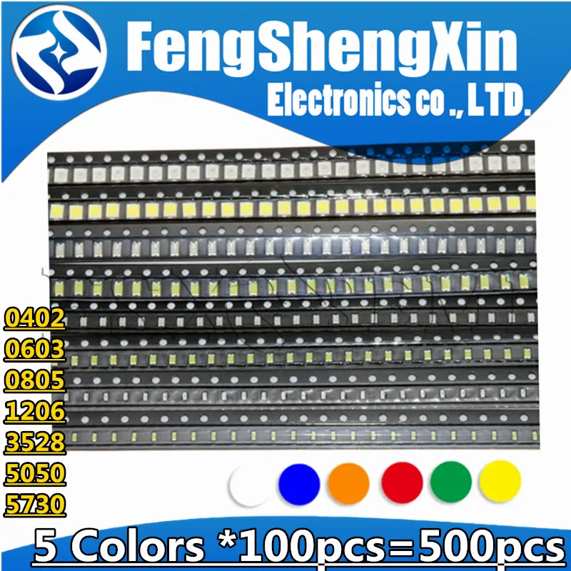 5colors x 100pcs=500pcs 5050 5730 1210 1206 3528 0805 0603 LED Diode Assortment SMD LED Diode Kit Green/RED/White /Blue/ Yellow