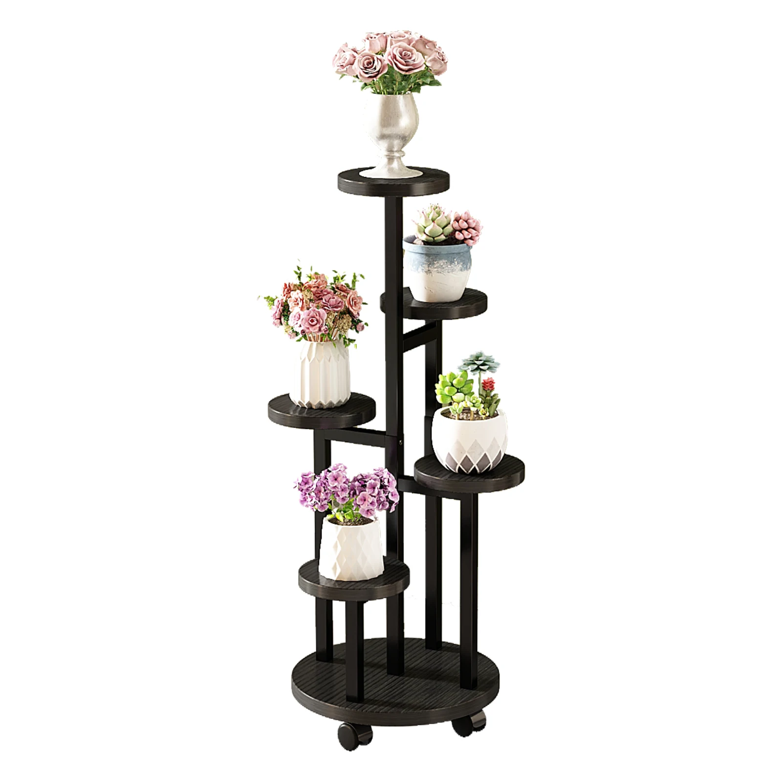 Floor Wrought Iron & Wooden Flower Shelf Home Garden Multi Layer Flower Plant Stand