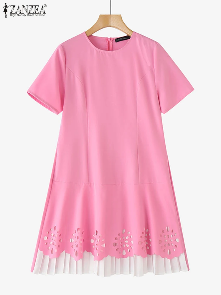 잔제 여성 우아한 드레스 패치워크 미니 선드레스 2025 여름 캐주얼 반팔 레이스 속이 비치는 캐주얼 파티 베스티도스 로브