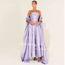 OLOEY Strapless Pleats Satin A Line Evening Dresses With Cape Feathers Modest Women Saudi Arabia Wedding Party Dress Custom Prom