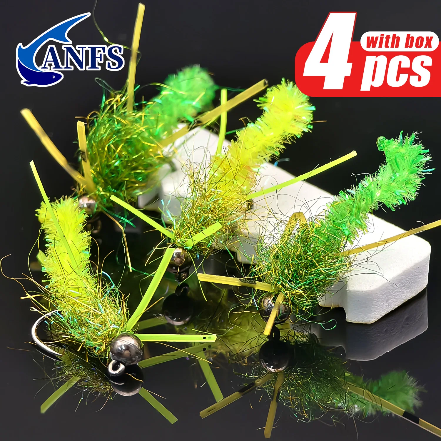

ANFS 4pcs Mop Fly Assorted Color ,Tungsten Bead Fly Fishing Flies ,Hand Tied Flys