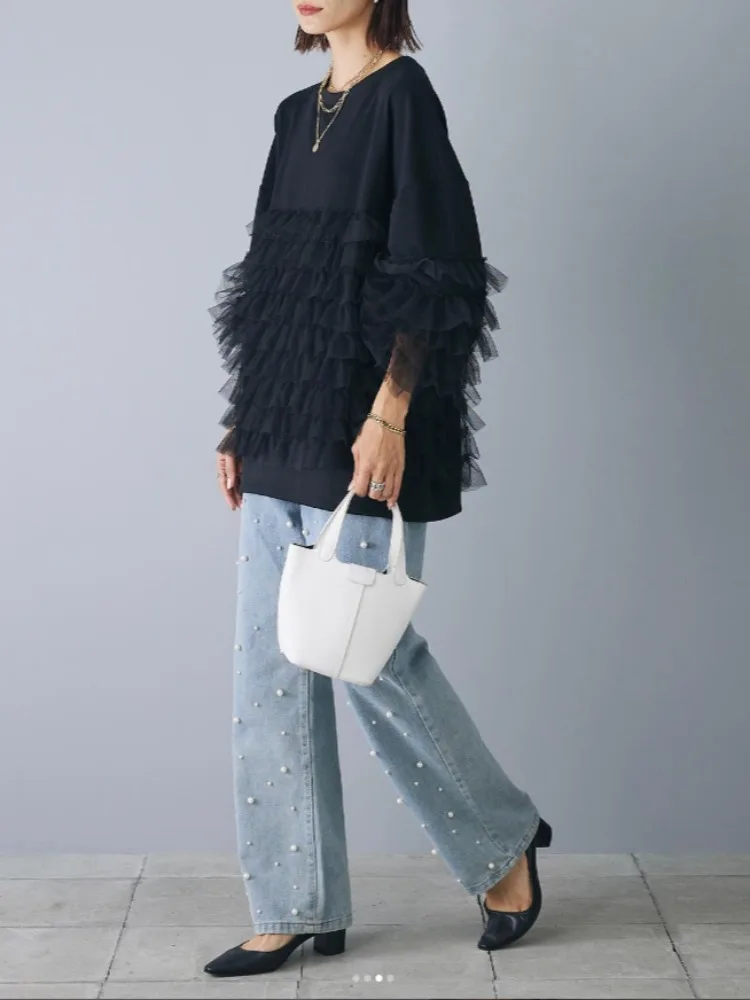 한국 일본 스타일 롱 슬리브 스웨트셔츠 튤 스플라이싱 레이스 트림 데님 투피스 세트 스윗 슬루즈핏 폴리에스터