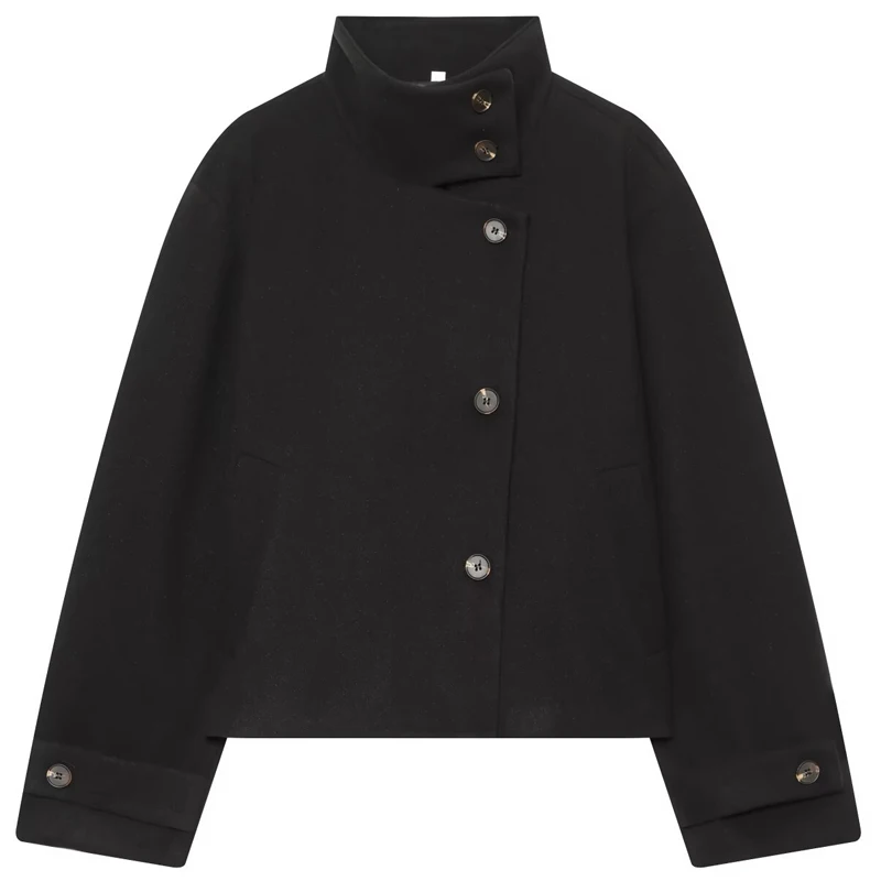 HXAO Women's Cropped Tweed Jackets Faux Wool Blend Demi-Season Jacket Stand Collar Button Beige Overcoat Female Long Sleeve Tops