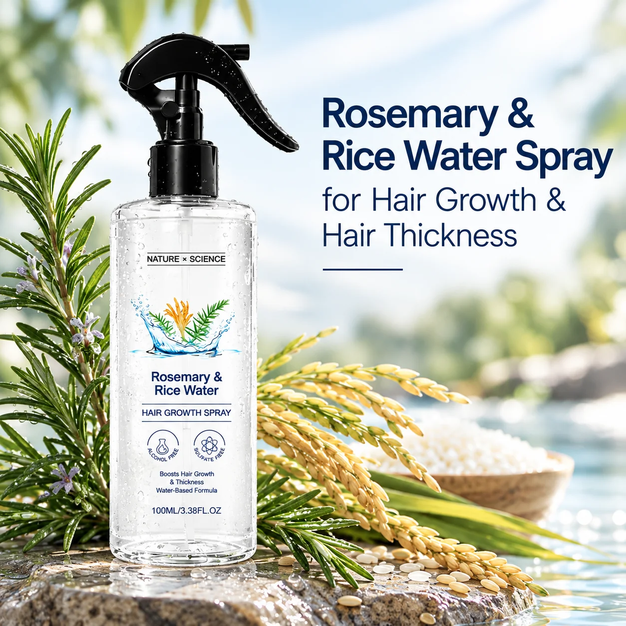 Rosemary Rice Water Spray For Hair Growth,Boost Hair Follicle Vitality Natural Extract Deep Nourish Scalp Enhance Regrowth Serum