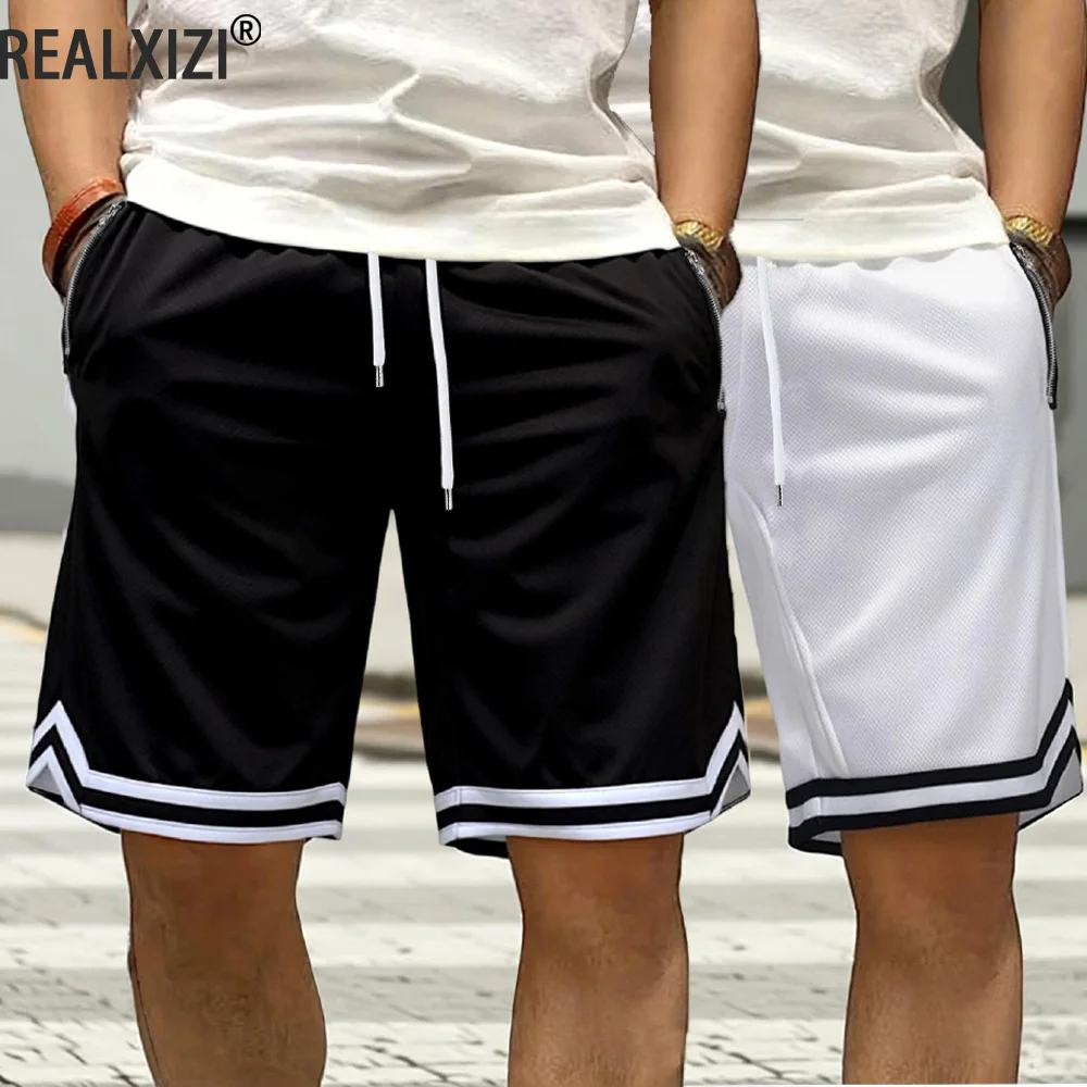 

Knee Length Basketball Shorts Men's Striped Loose Running Sport Gym Dry Fit Mesh Breathable Fitness Training Workout Bottom Male