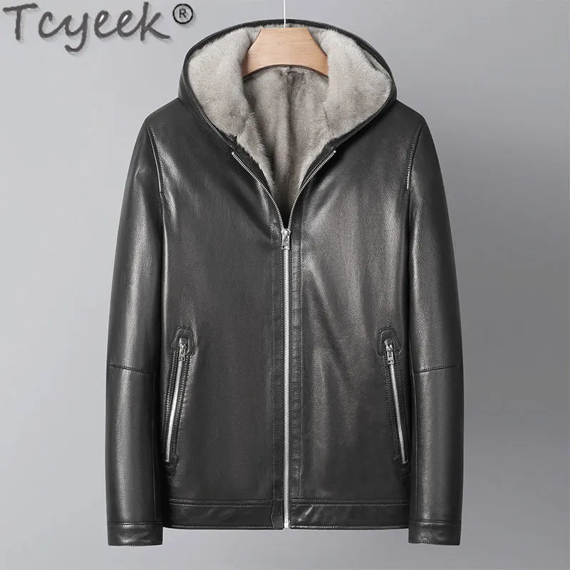 Tcyeek-Chaqueta de piel de cabra auténtica para hombre, abrigo holgado con forro de piel de visón, con capucha, a la moda, invierno, 2023