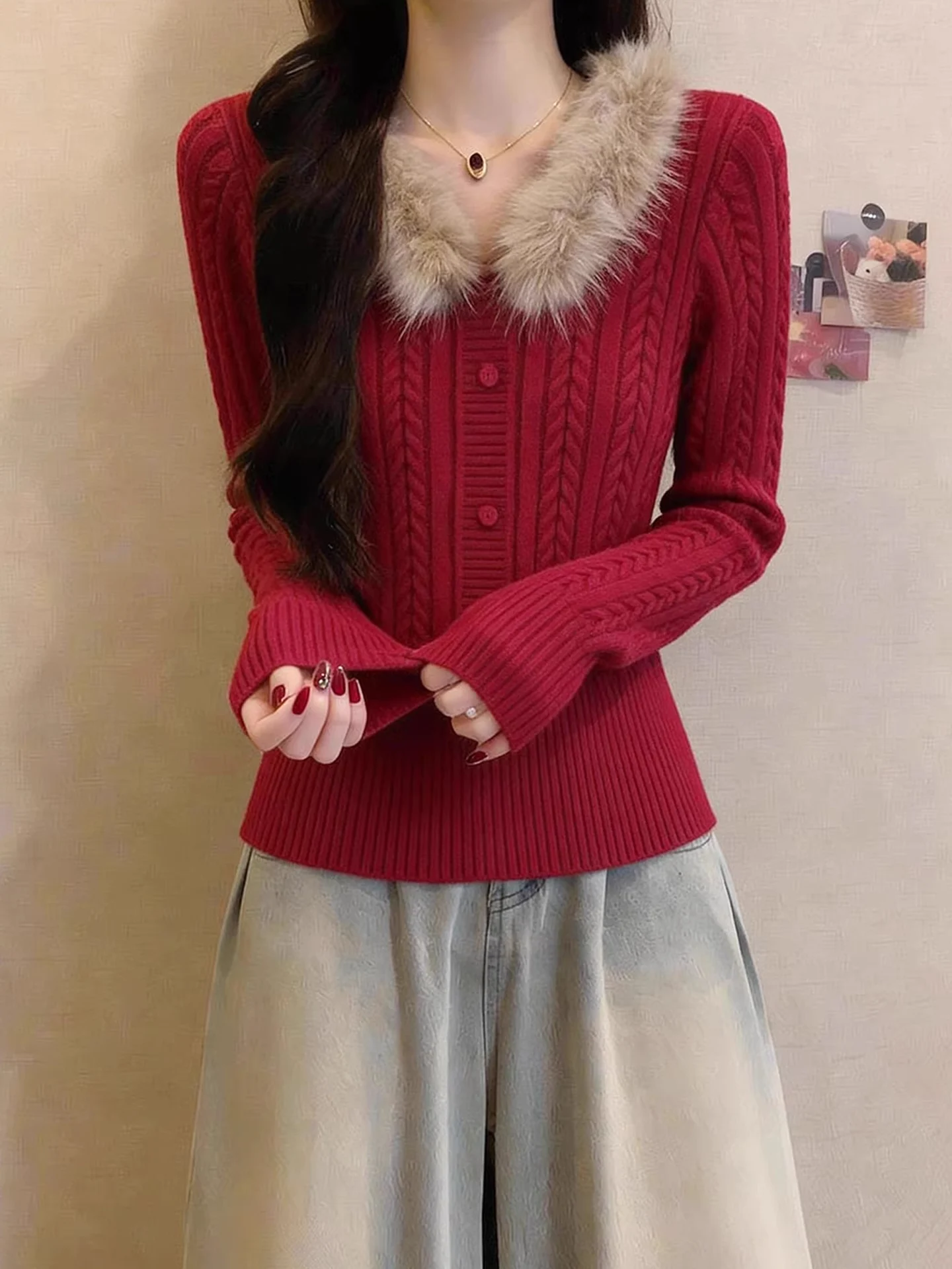 

Red Knitted Base irt Women's Deep Winter Inner Wear Miu Series 2026 Year Waist-Cinching ort Size Top