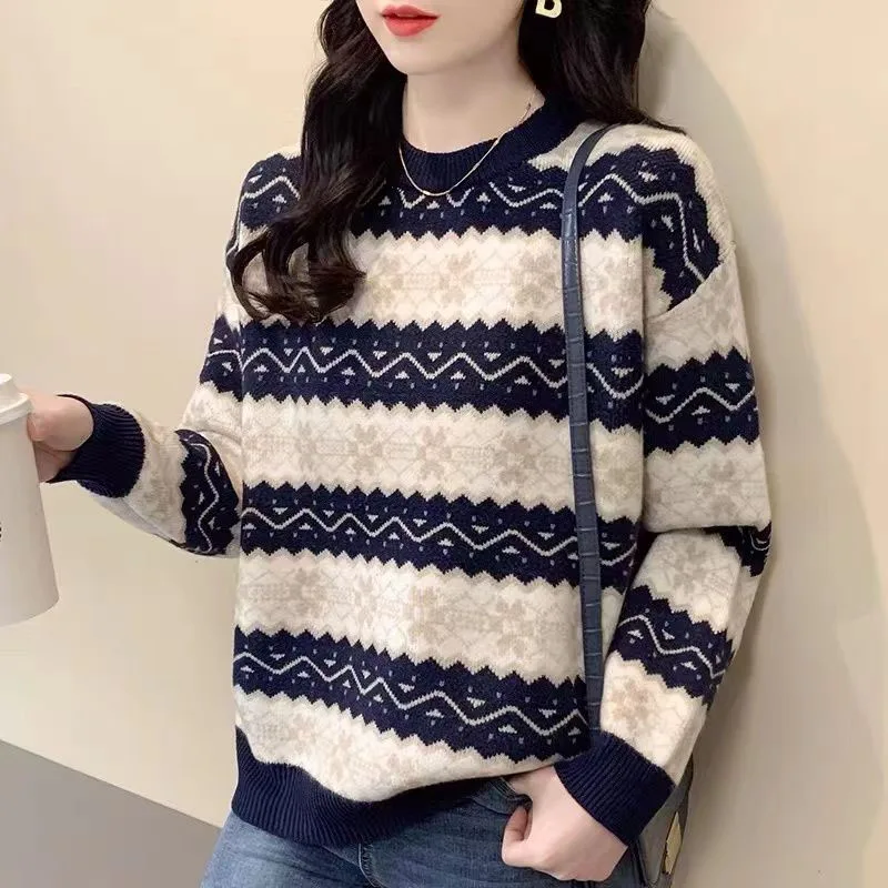 New Winter Fashion Lazy Stripe Round Neck with Plush Thickened Loose and Versatile Western Style Reduced Age Long Sleeve Sweater