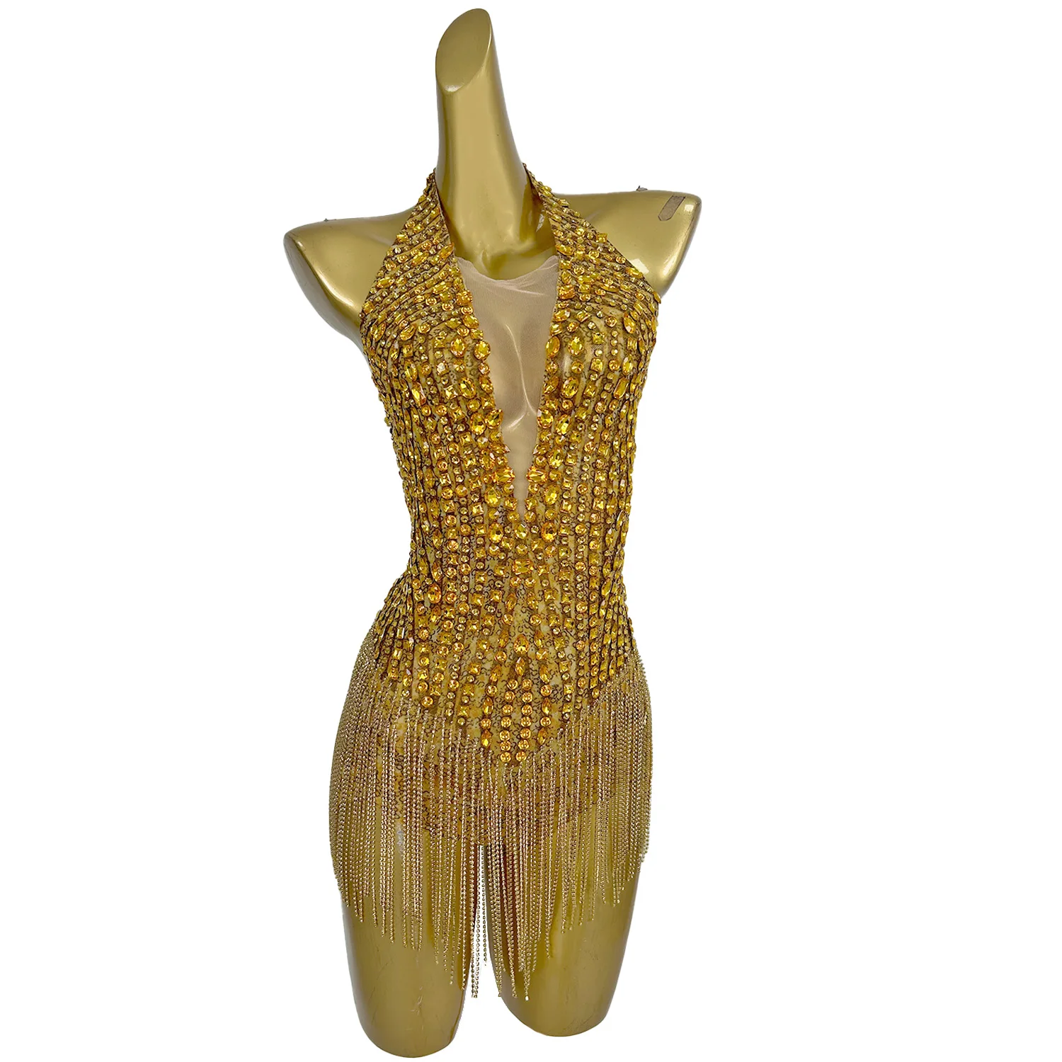 Sexy Gold Rhinestone Tassel One Piece Short Jumpsuit Women Aerial Dance Leotard Stripper Dancewear Showgirl Gogo Dancer Costume