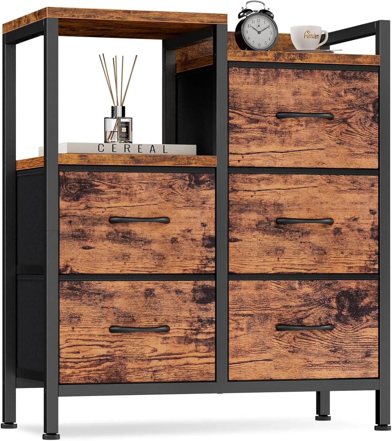 Industrial Dresser for Bedroom, Small Storage Unit Organizer with 5 Fabric Drawers and 2-Tier Side Shelves, End Table/Nightstand