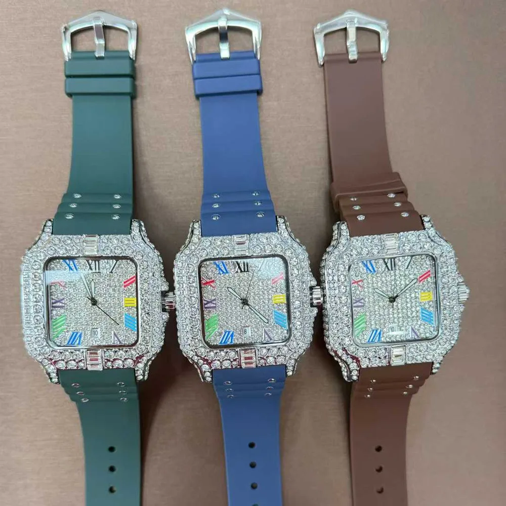 

Creativity Hot Selling High Quality Top Square Diamond Quartz Watches Men Fashion Ice Out Watch Luxury Rubber AAA Clock Relogio