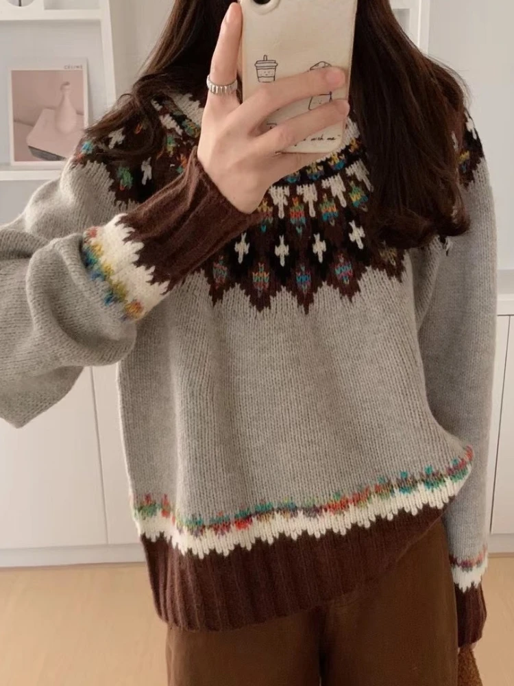 

Korean Fashion Pullovers Long Sleeve Jacquard Contrast Color Sweaters Casual Loose Knit Tops All Match 2025 New Women's Clothing