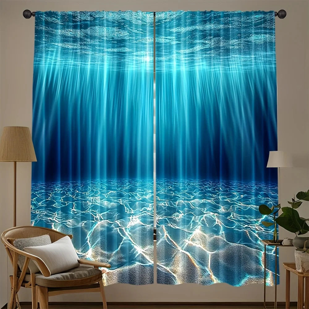 2pcs Deep Sea Curtains Underwater Sunbeam Sand Print Drape Relaxing Bedroom Window Treatment Ocean Calm Home Decor Panels