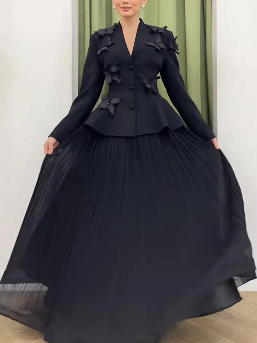 Elegant Skirts Suits For Women V Neck Long Sleeve Spliced Butterfly Coats High Waist Pleated Skirt Set Female 2025костюм женский