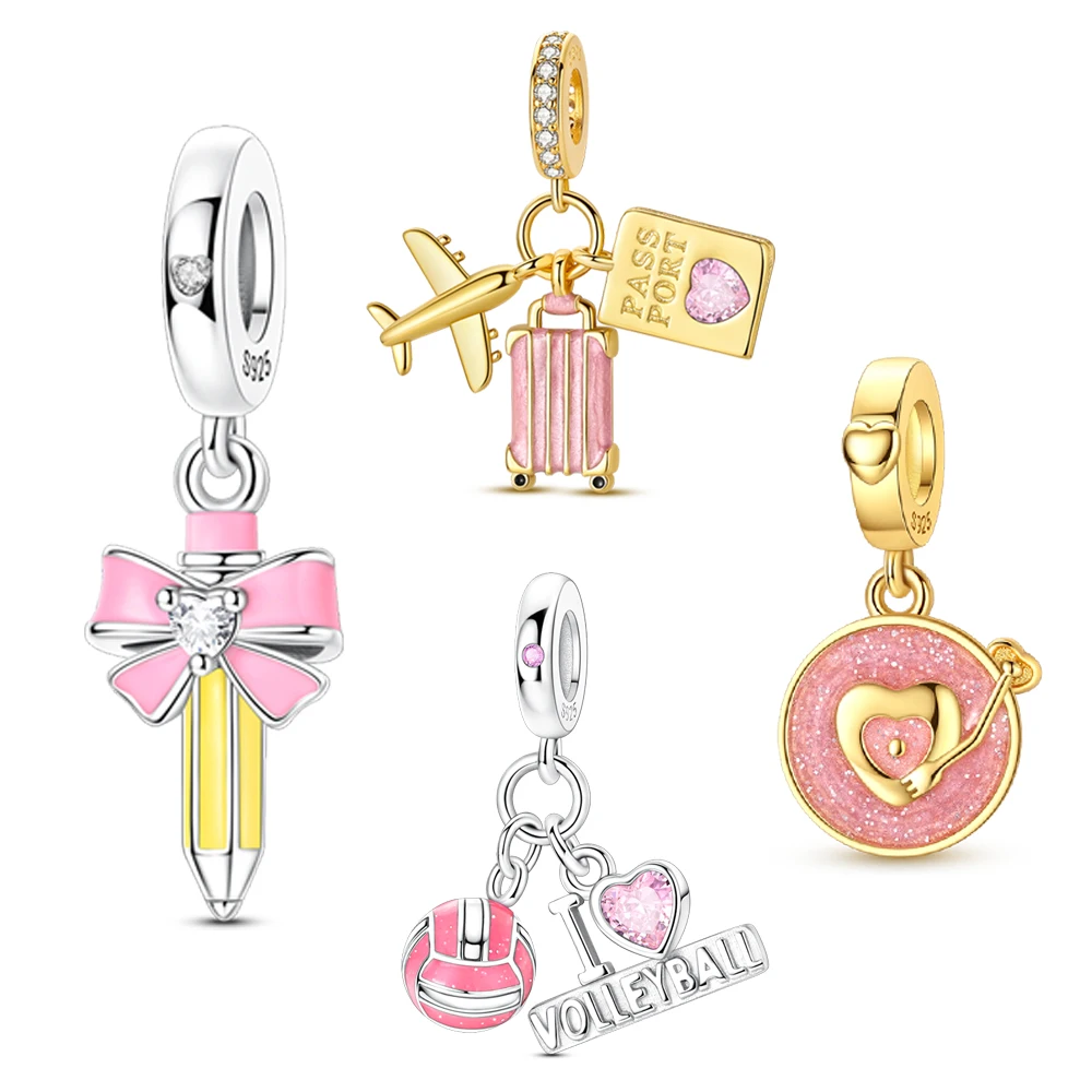 Student's 925 Sterling Silver Bow Pencil&Luggage Airplane&Record Pendant Fit Brand Bracelet Graduation Commemorative Gift