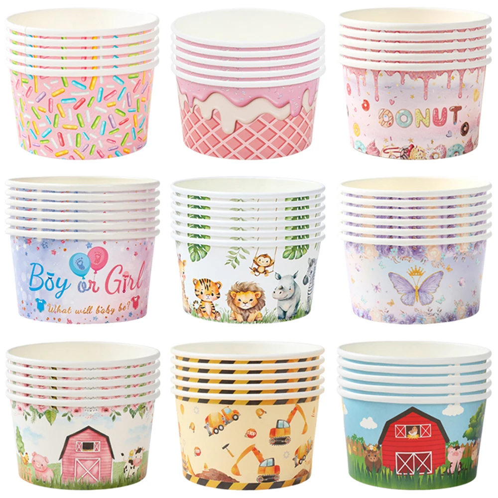 5-50pcs/Pack Paper Ice Cream Cups Hot or Cold Food Disposable Dessert Bowls Snack Candy Boxes for Kids Birthday Party Decoration