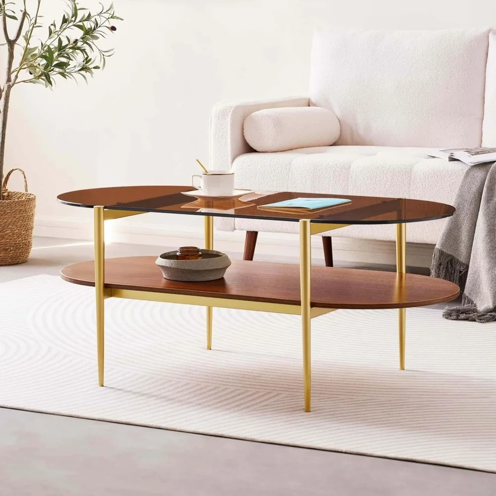 Mid-Century Oval Glass Coffee Table with Amber Top, 2-Tier Living Room Furniture, 41L x 21W x 17H