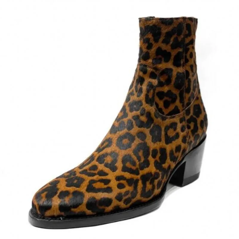 Brown Leopard Print Genuine Leather Mens Ankle Boots Fashion High top Zipper Boots Men Shoes Hombre Sapatos Big Size 38-46