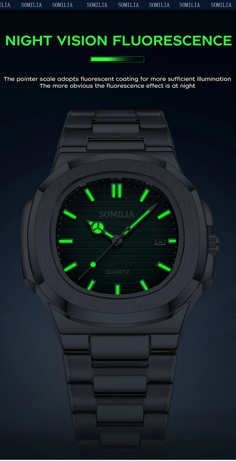 SOMILIA 2310 Reloj de lujo para hombre, resistente al agua, con luz nocturna, reloj de acero inoxidable para hombre, reloj informal de cuarzo para hombre, reloj para hombre