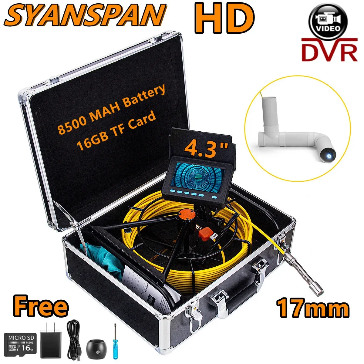 Pipe Inspection Camera with DVR 16GB FT Card,SYANSPAN Sewer Drain Industrial Endoscope Aluminum Case 8500MHA Battery 20/30/50M