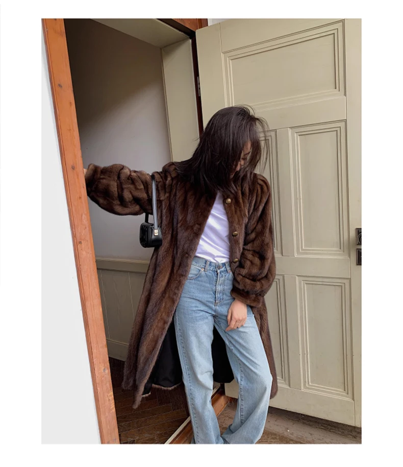 Lautaro Winter Long Brown Thick Warm Soft Faux Mink Fur Coat Women Puff Sleeve Elegant Luxury Chic Fluffy Furry Overcoat 2023