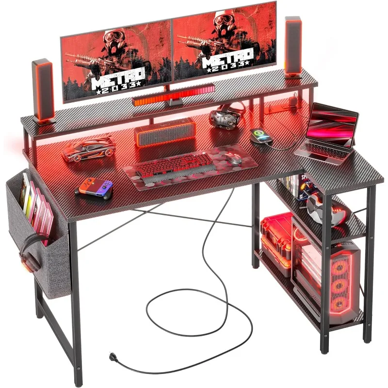 

Gaming Desk with Power Outlets and LED Lights, 47 Inch L Shaped Computer Desk with Monitor Stand and Storage Shelves