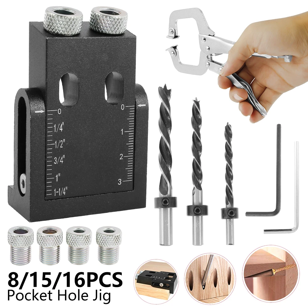 8/15/16pcs Pocket Hole Jig Kit 6/8 /10mm 15 Degree Angle Drill Guide Set Woodworking Hole Puncher Locator Jig Drill Bit Puncher