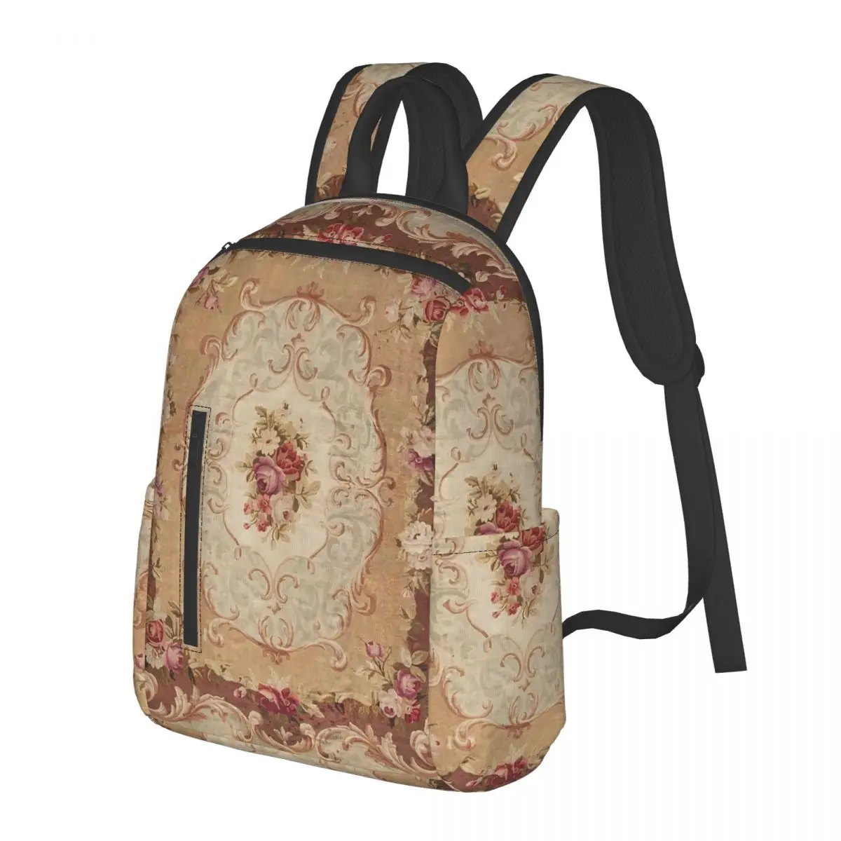 Antique Rose Floral French Aubusson Rug Print Student Backpack School Bag Hiking Travel Daypack for Men Women Bookbag Shoulder
