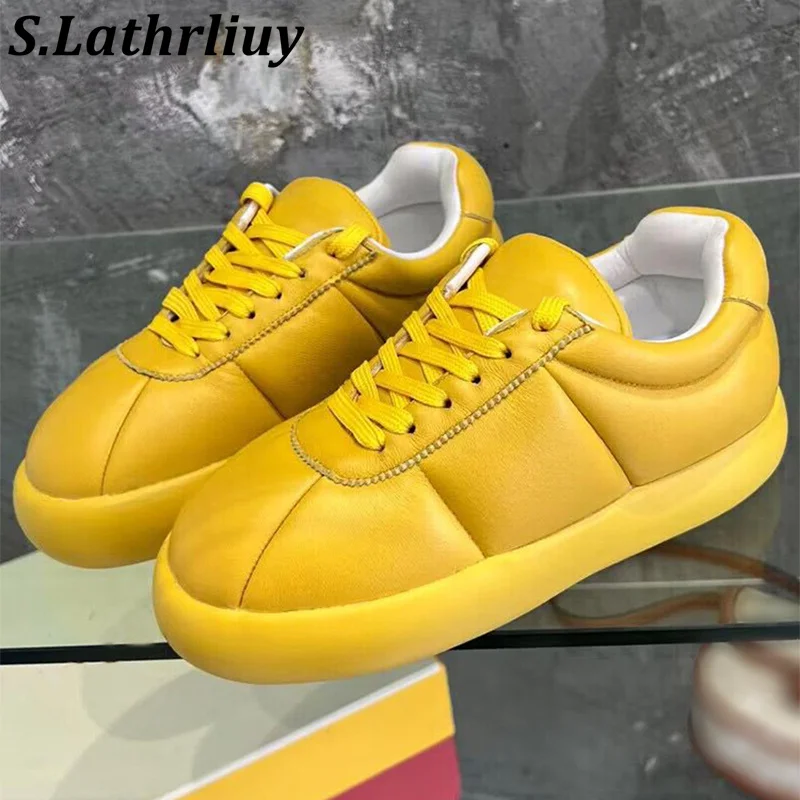 

Women's Round Toe Thick Soled Lace Up Sneakers Casual Tennis Shoes Spring Autumn Genuine Leather Soft Bread Flat Shoes Unisex