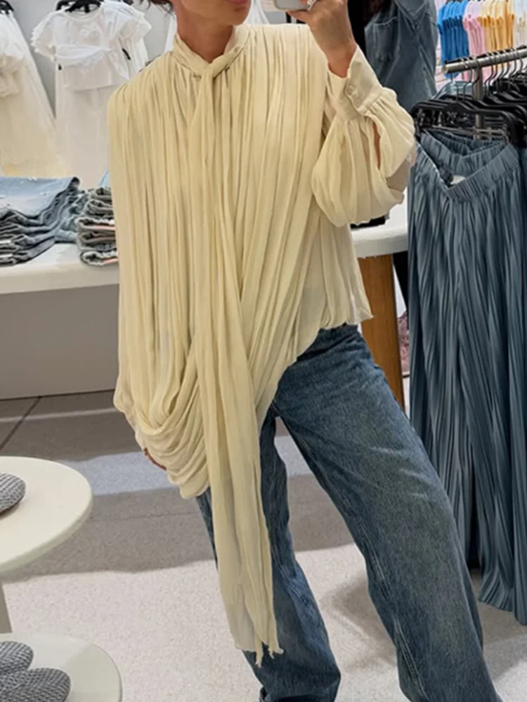 

Chic Pleated Asymmetry Women's Blouse Half High Neck Lace Up Long Sleeve Short Shirts 2026 Spring Summer Lady Top Y2k Streetwear