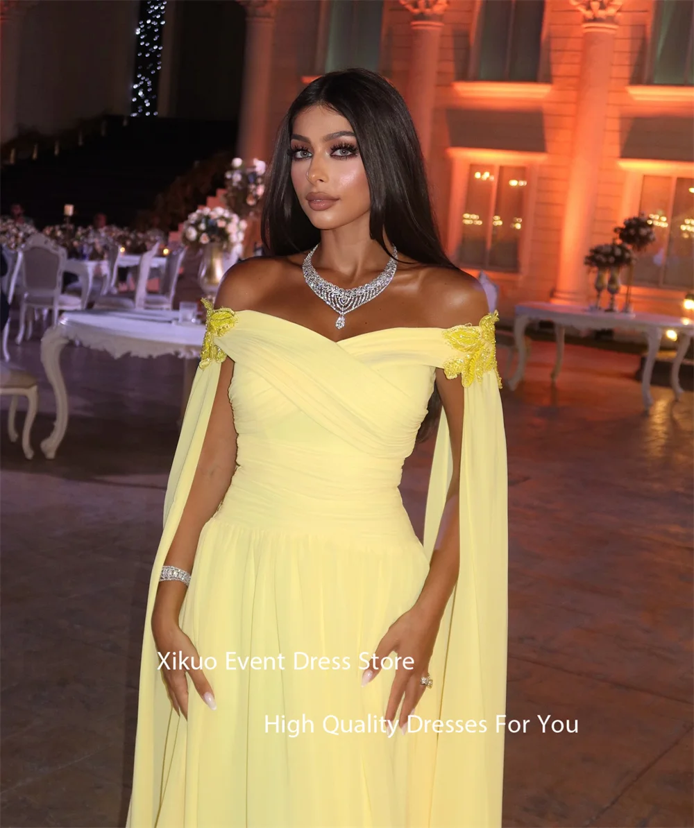 Xikuo Off Shoulder Flowers Evening Dresses Yellow Pleated Party Dresses Formal Chiffon A Line Vestidos De Fiesta Customized