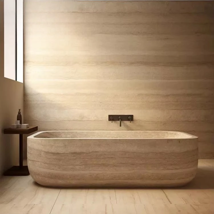 RISINGFORTUNE Modern Design Freestanding Marble Bathtub Honed  Finished Travertine Bathtub 170cm