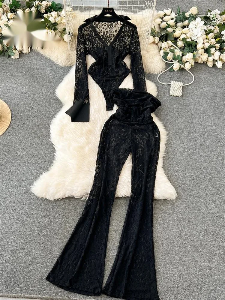 

Fashion Lace Sheer Two Pieces Sets Women Lapel Long Sleeves Slim Bodysuits+Elastic Long Pants Ladies Sexy Sets