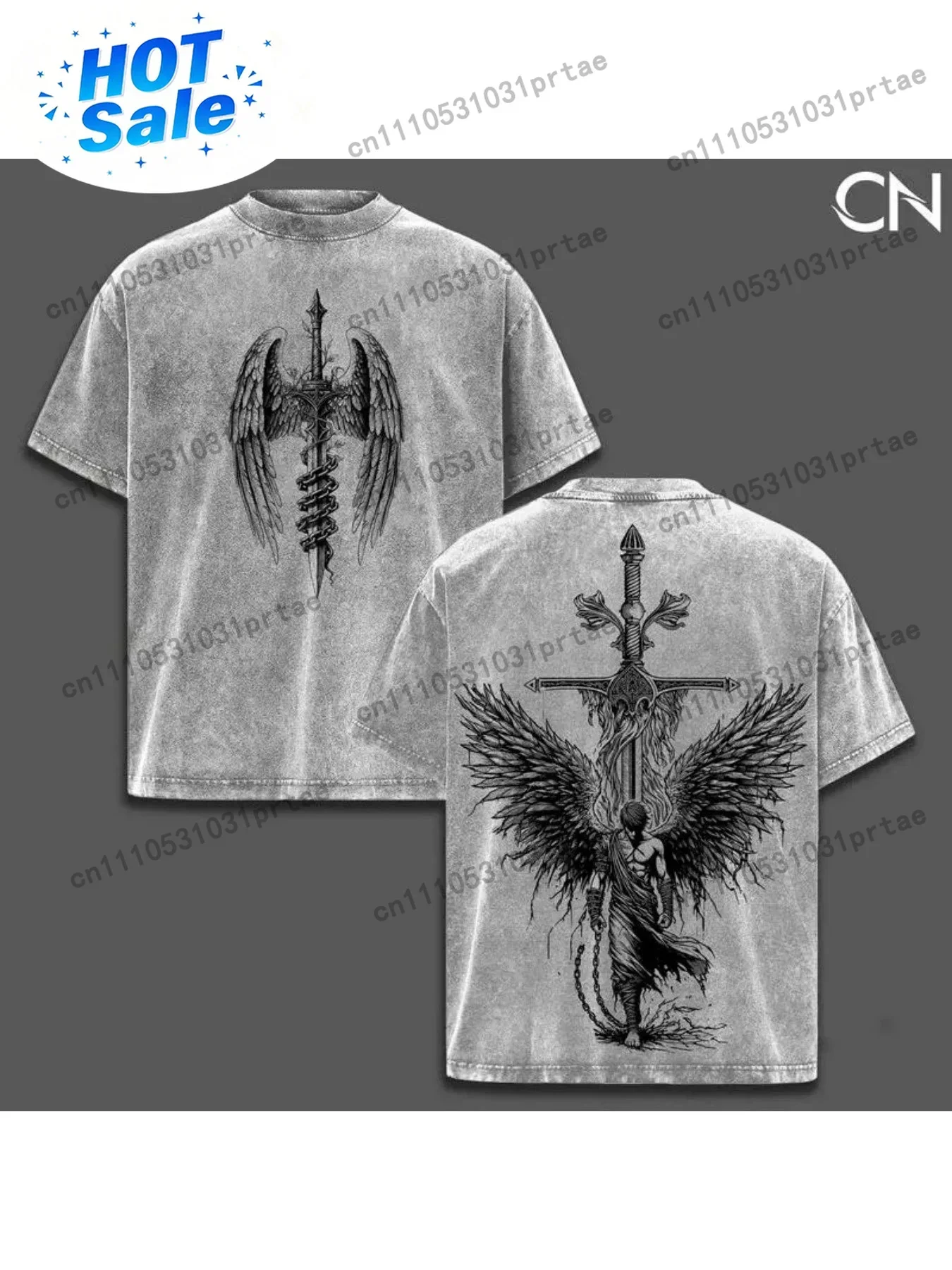 Men's Washed Street Brand Urban Style| Angel Sword Pattern Print, Casual Daily Wear and Fashion Expression, Front and Back Red