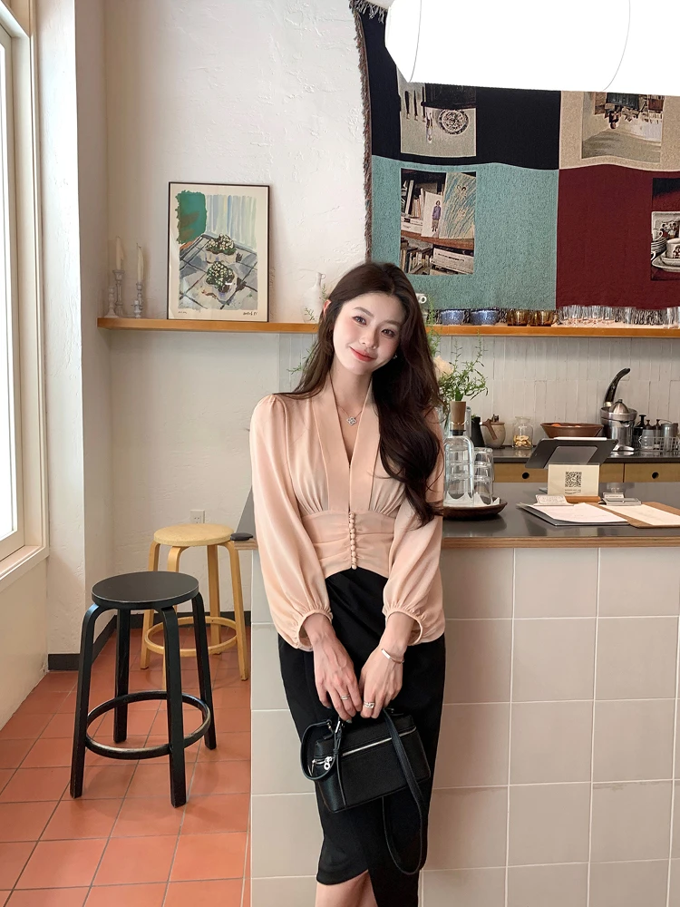 

Элегантный летний женский шифоновый топ Syeee Slimming с кружевом, V-образным вырезом, завязками на талии и рукавами-фонариками, премиум-класса, стройнящий силуэт