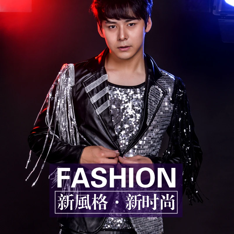 

Luxury Men Suit Costume 2 Pieces Bar Nightclub Male Singer Performs Costume Suit Host Dj Tassel Sequins Tide Cool Stage Clothes