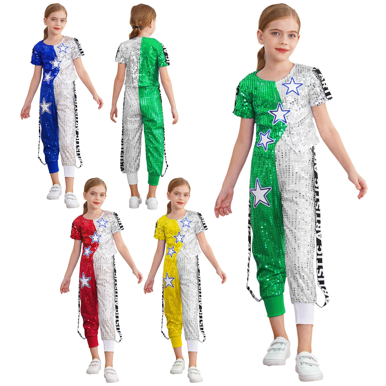 Boys Girls Hip Hop Street Dance Costume Sequins Top T-shirt Pants Set Clothes for 80s 90s Disco Dance Outfits Modern Dancewear