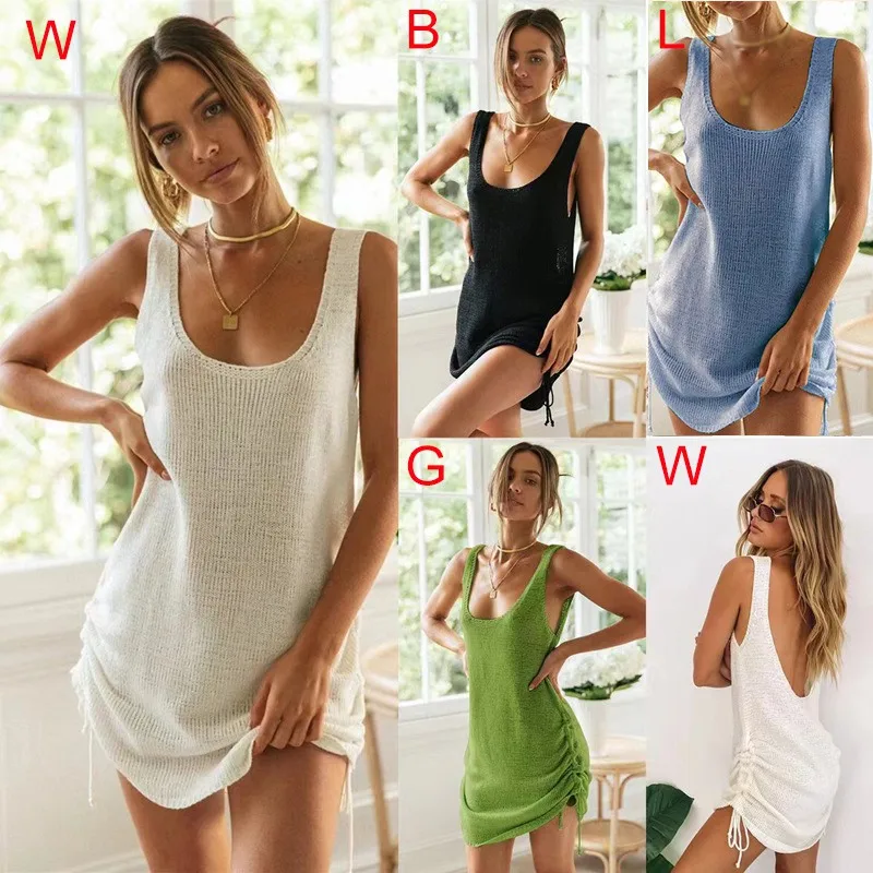 Knitted Backless Vest Dress Hottie Streetwear Bikini Cover Up Beach Vacation Dress Solid Color Lazy Style All-Match High Quality