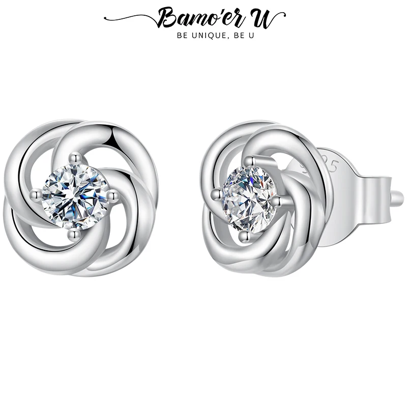 Bamoer U Four-leaf Clover Moissanite Stud Earrings Hollowed Flower Jewelry VVS1 EX 925 Sterling Silver Original for Mother Gift