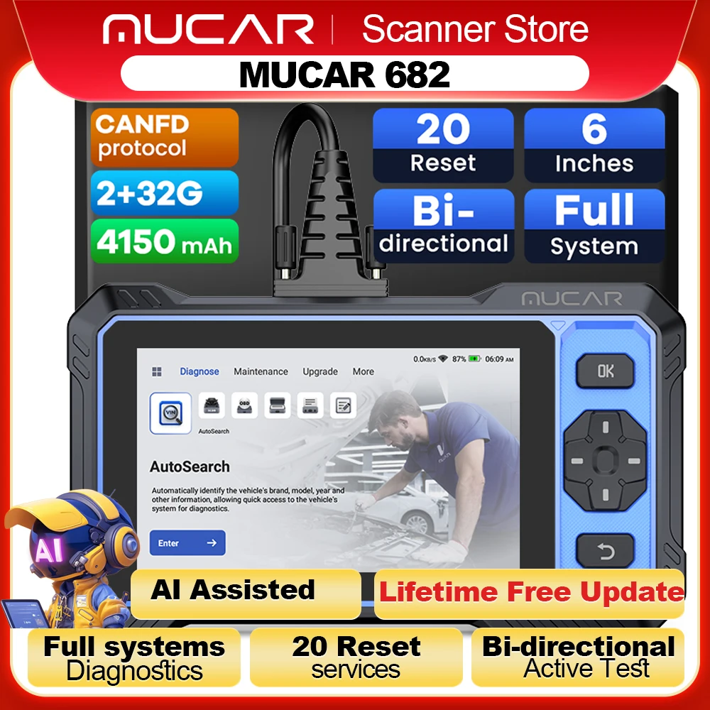 Image of MUCAR 682 KI-gestütztes Auto-Diagnosetool CANFD Bidirektionale ECU-Kodierung 20 Resets Vollsystem-Diagnose OBD2-Scanner Lebenslang Kostenlos