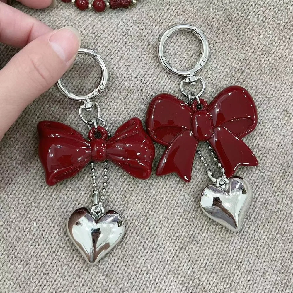 Kawaii Spring Buckle Red Love Key Chain Creative Fashion Bow Pendant Keychain Acrylic Couple Keychain Bag Accessories