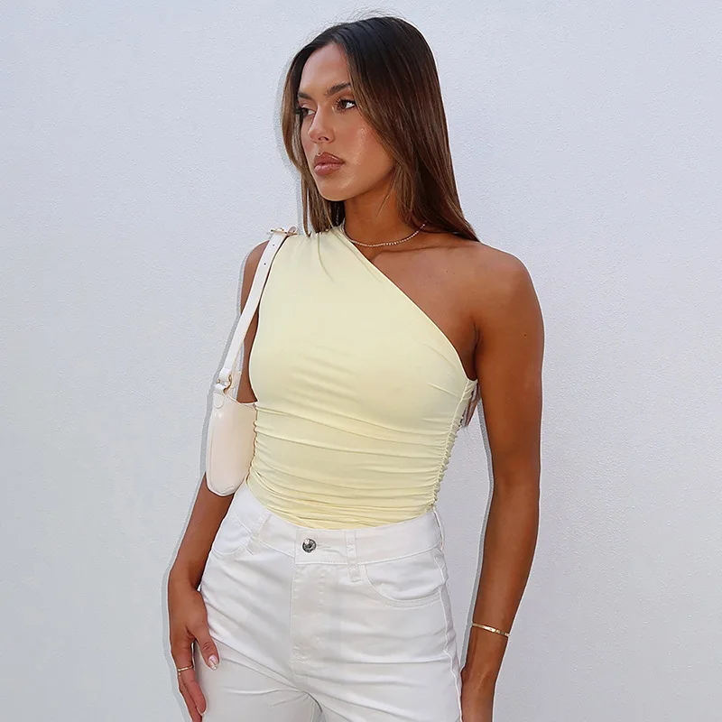 Einfarbig eine Schulter rücken frei schrumpfen Tank Top T-Shirt Süßigkeiten Farbe eng sexy ärmellose Hals ohne schlanke Casaul Top – Detail 25